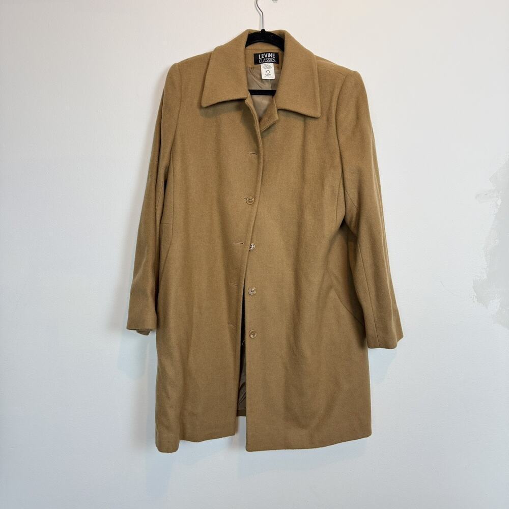 Levine Classics 100% wool mid length trench coat tan winter staple sz 14